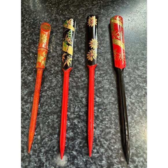 Vtg 4 Japanese Kanzashi Hair Sticks Lacquer Traditional Japanese Hair Ornaments main image 5